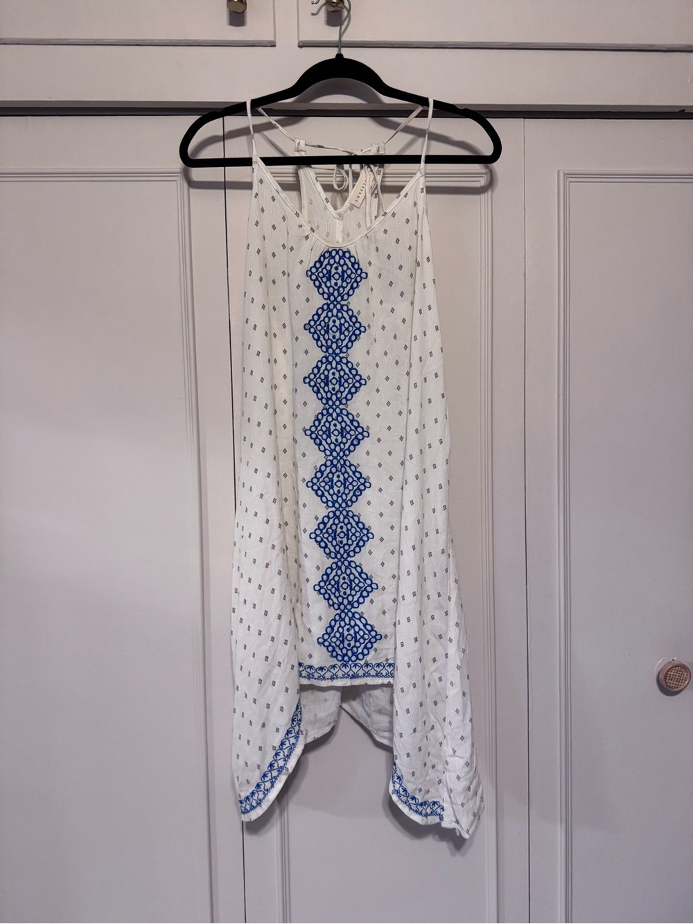 White Sleeveless Maxi Dress with Blue Embroidery